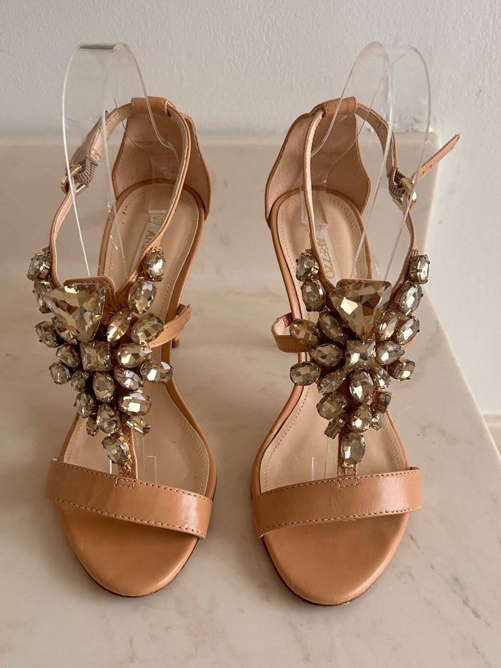 Arezzo Crystal Embellished Ankle Strap Shoes Heels Nude Champagne Sandals EU 37